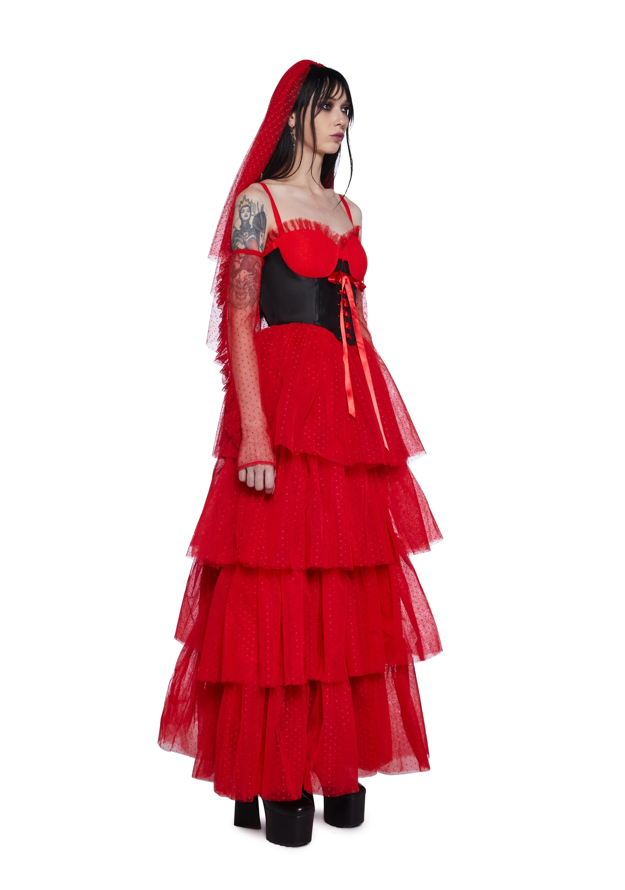 The Red Wedding Lace Maxi Dress And Gloves Set - Image 3
