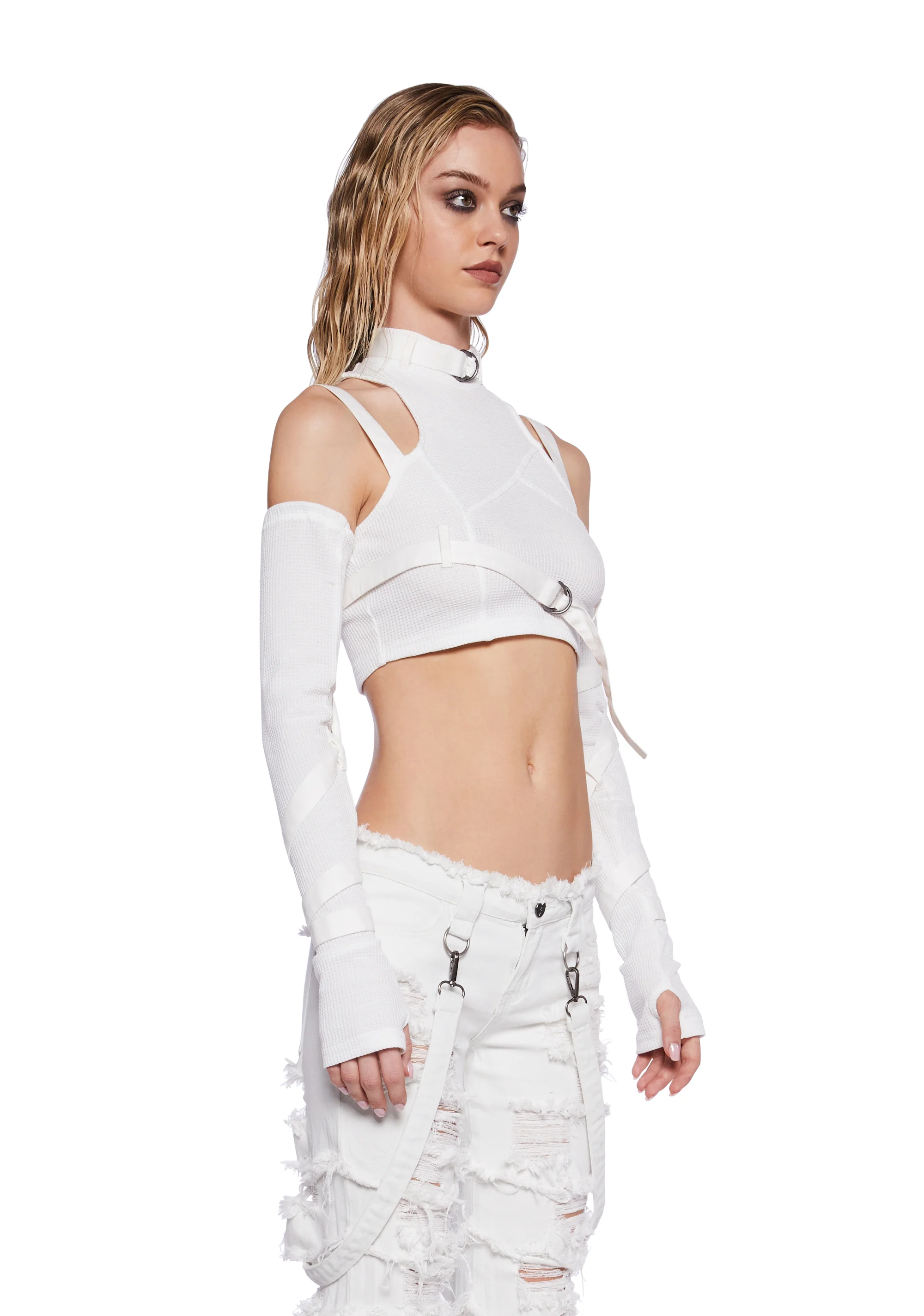 Pitch Strappy Ribbed Crop Tank And Glove Set - White - Image 2