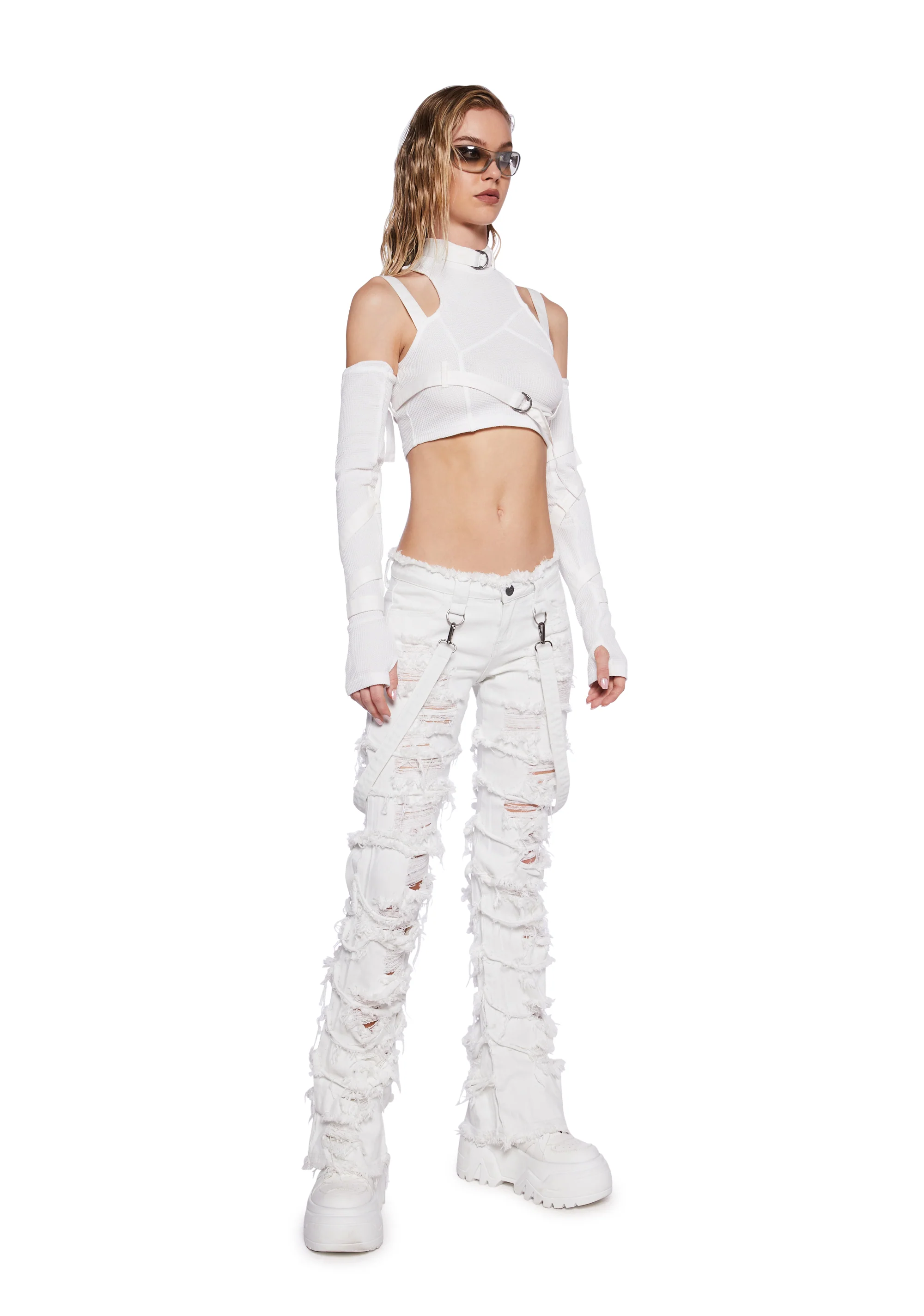 Pitch Strappy Ribbed Crop Tank And Glove Set - White - Image 3