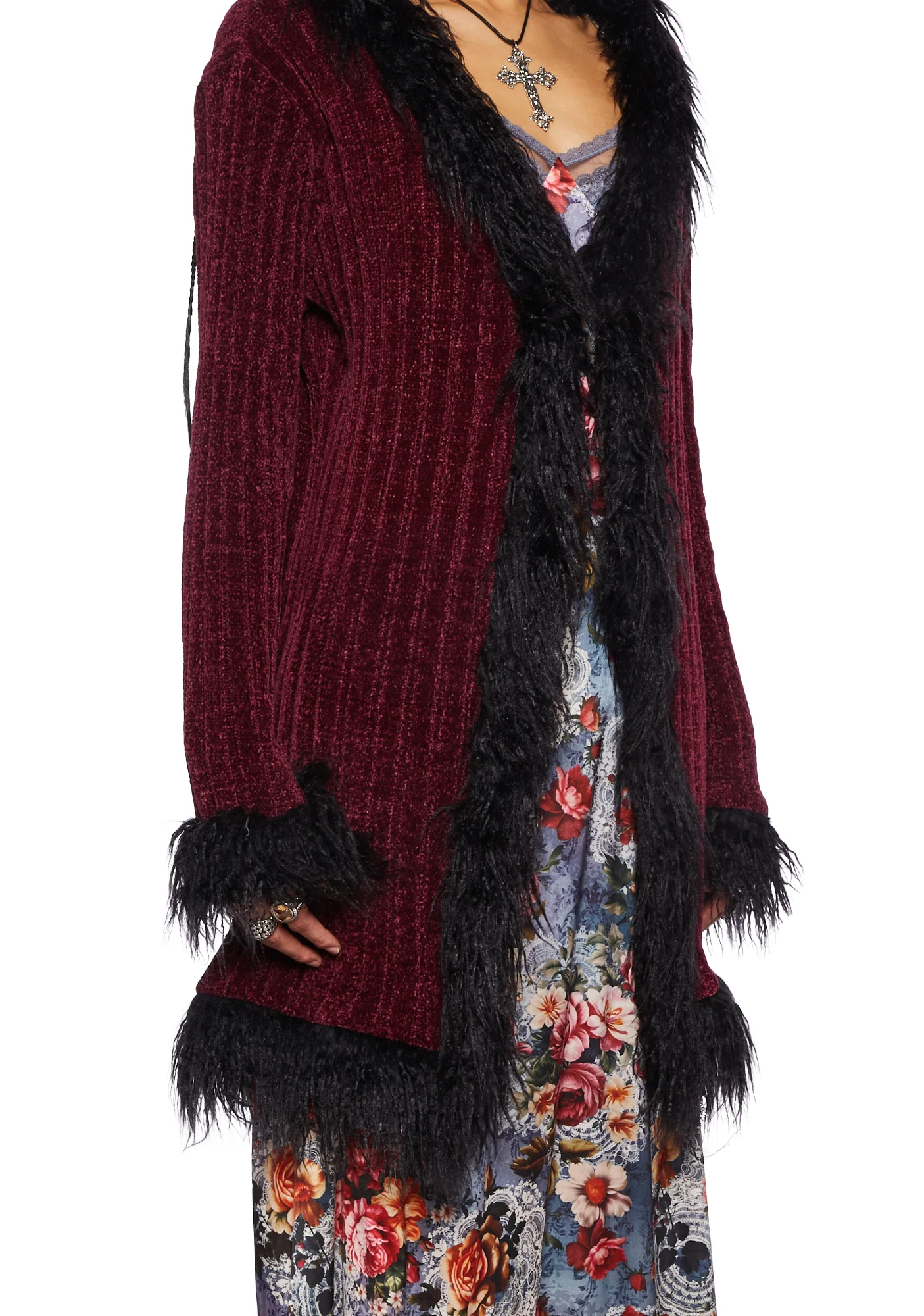 Furry Foe Long Cardigan-Burgundy - Image 2