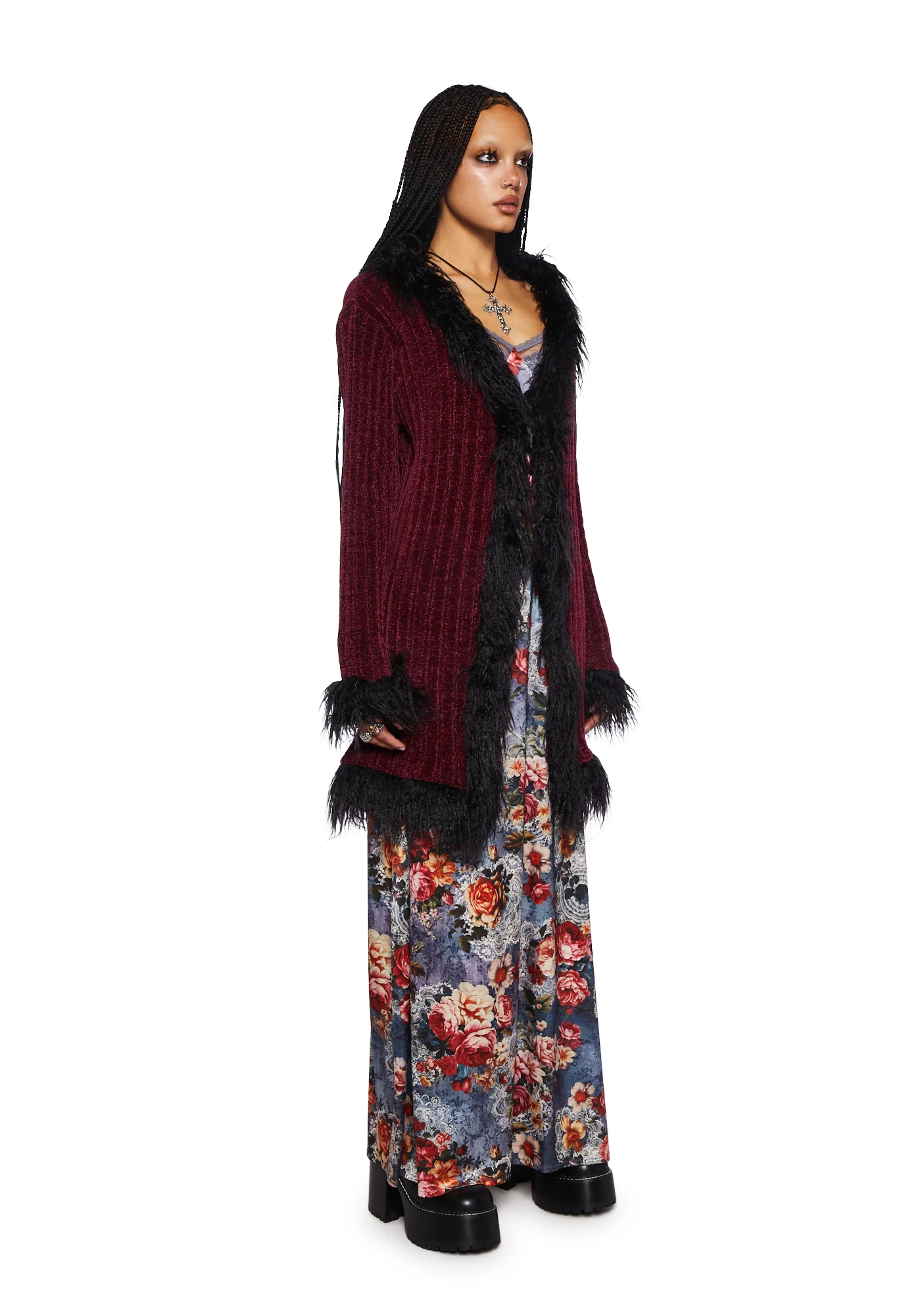 Furry Foe Long Cardigan-Burgundy - Image 3