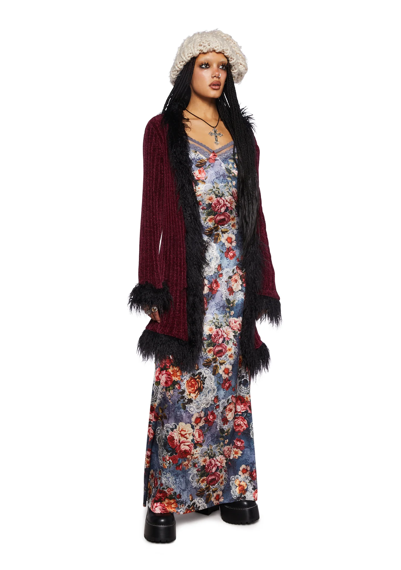 Furry Foe Long Cardigan-Burgundy - Image 5