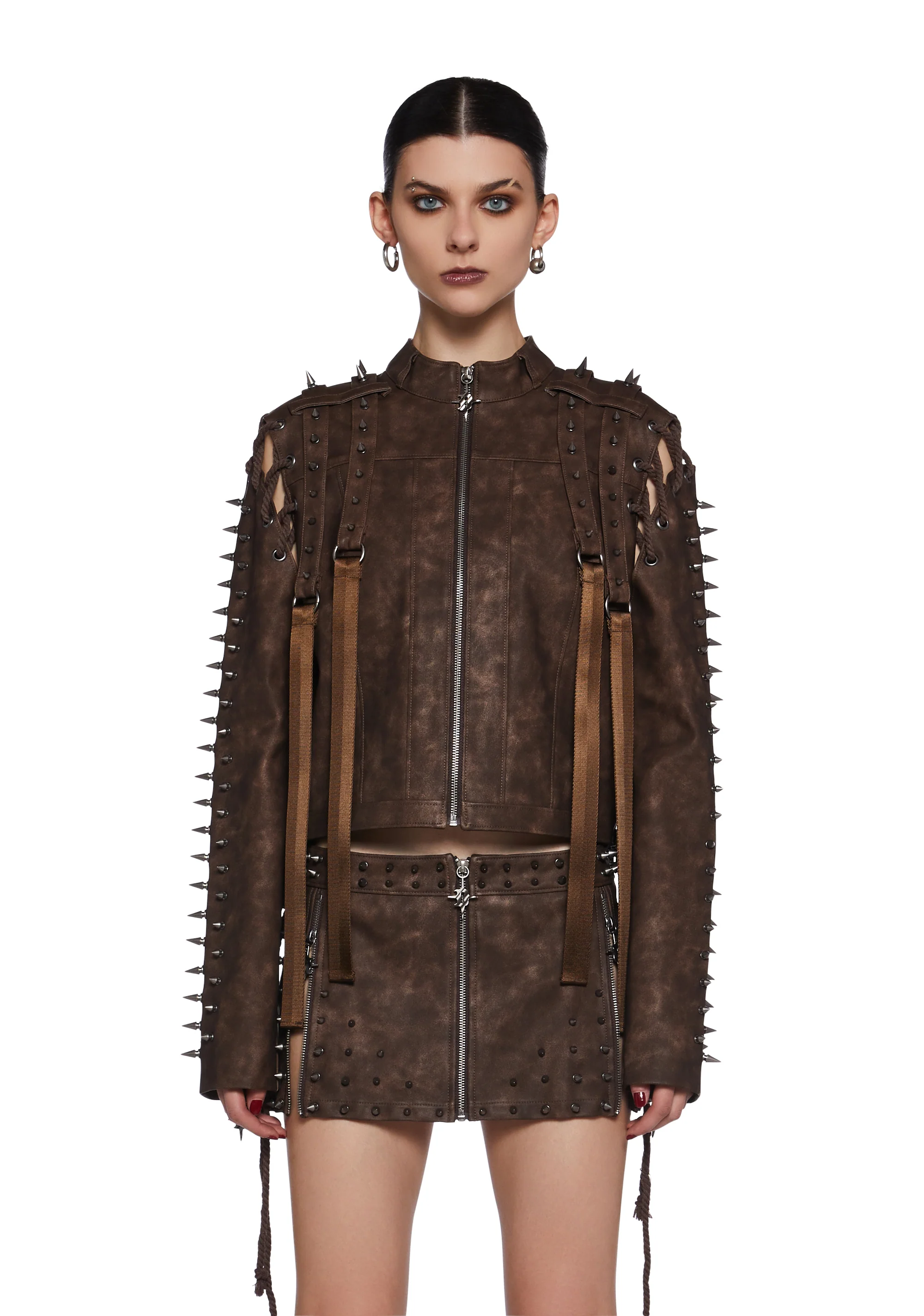 Warp Spiked Jacket With Lace Up Sleeves - Brown