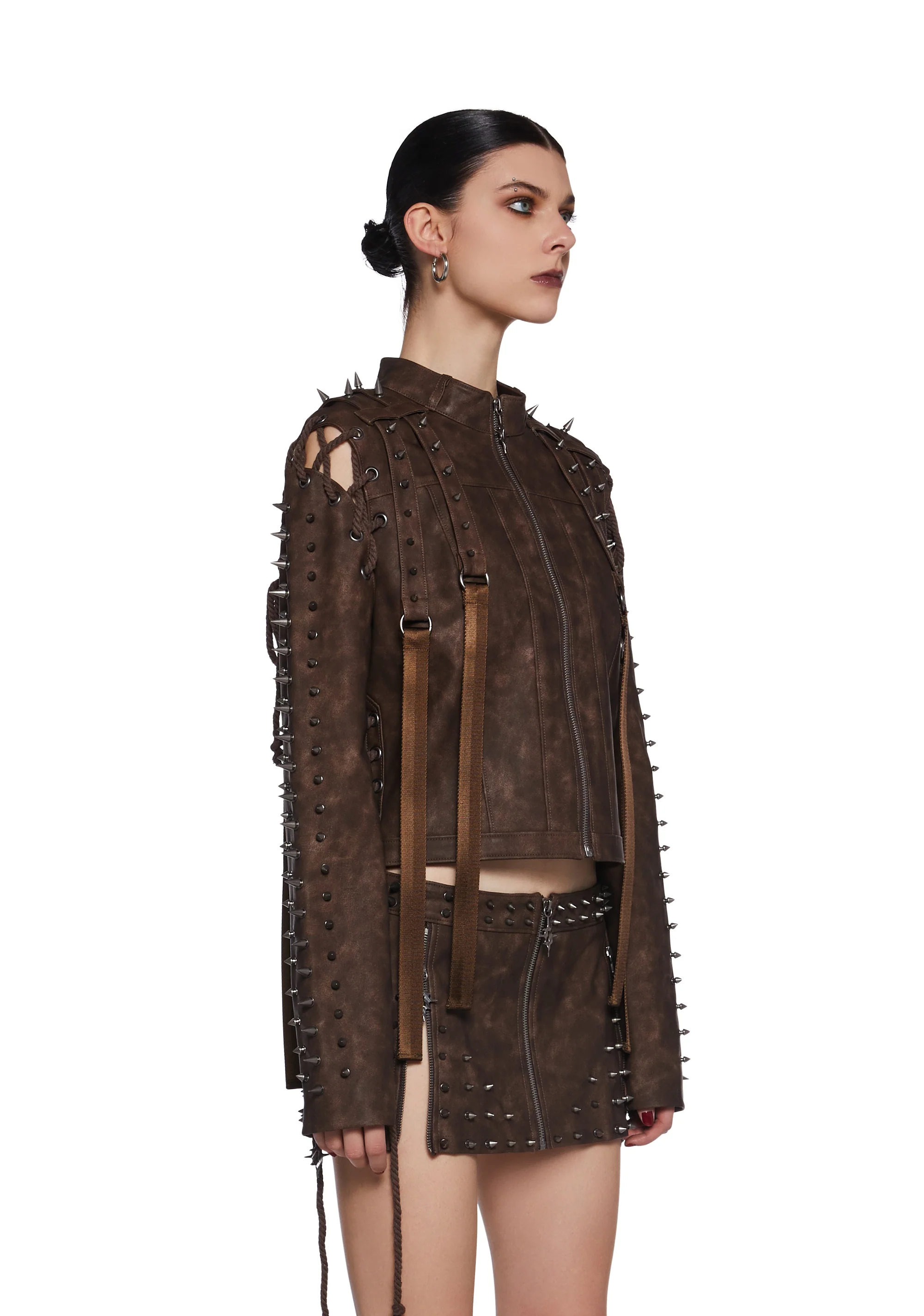 Warp Spiked Jacket With Lace Up Sleeves - Brown - Image 3