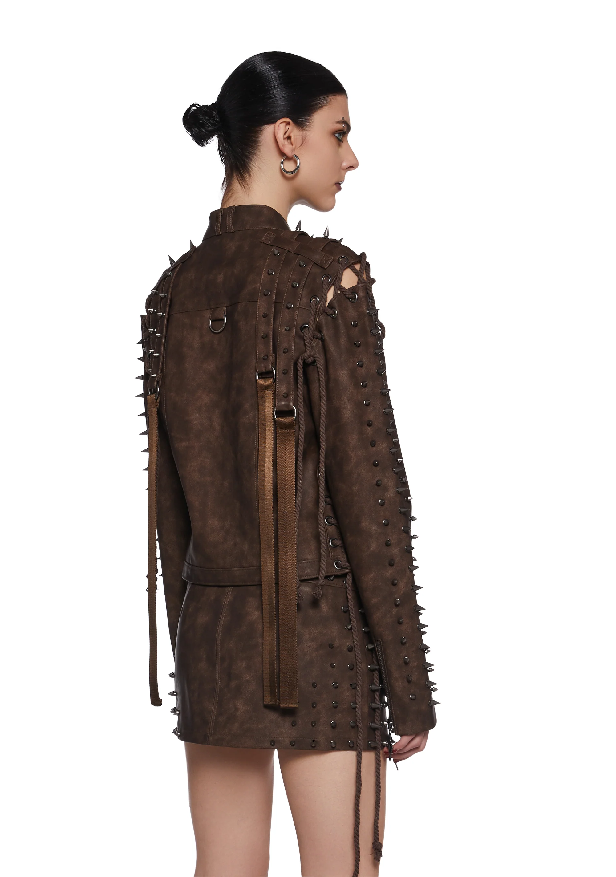 Warp Spiked Jacket With Lace Up Sleeves - Brown - Image 4
