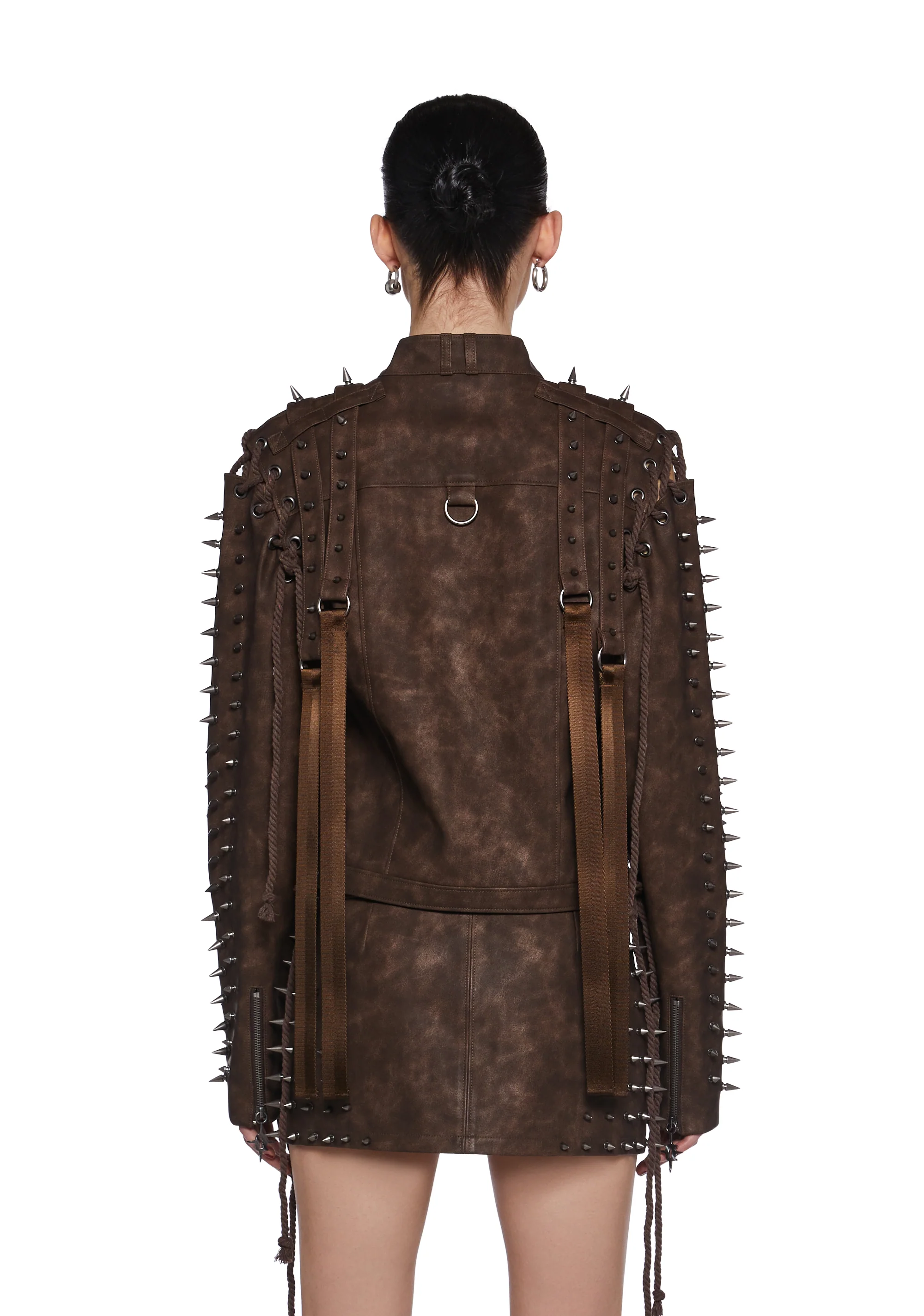 Warp Spiked Jacket With Lace Up Sleeves - Brown - Image 5