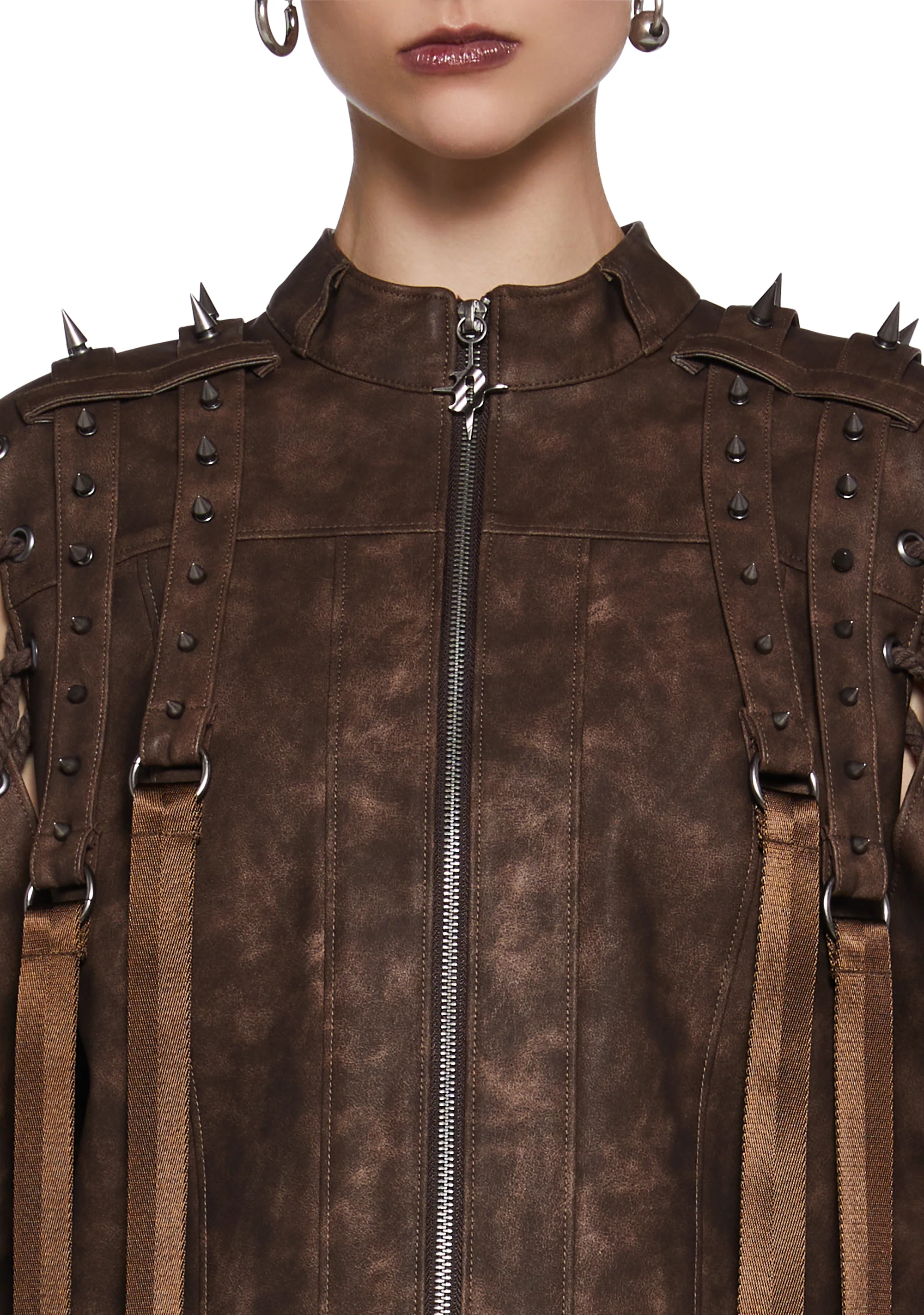 Warp Spiked Jacket With Lace Up Sleeves - Brown - Image 6