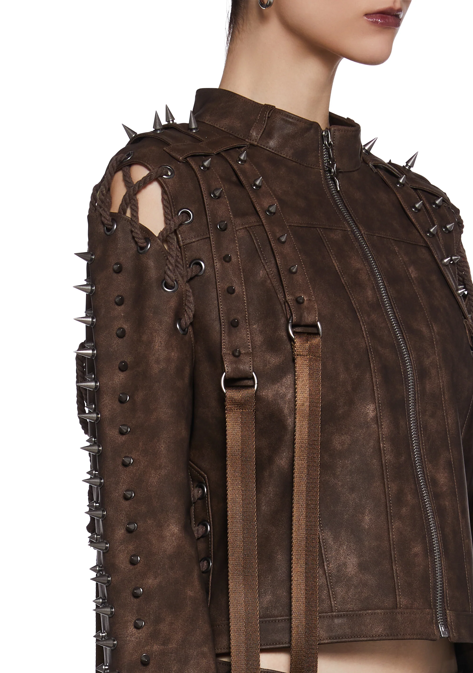 Warp Spiked Jacket With Lace Up Sleeves - Brown - Image 7