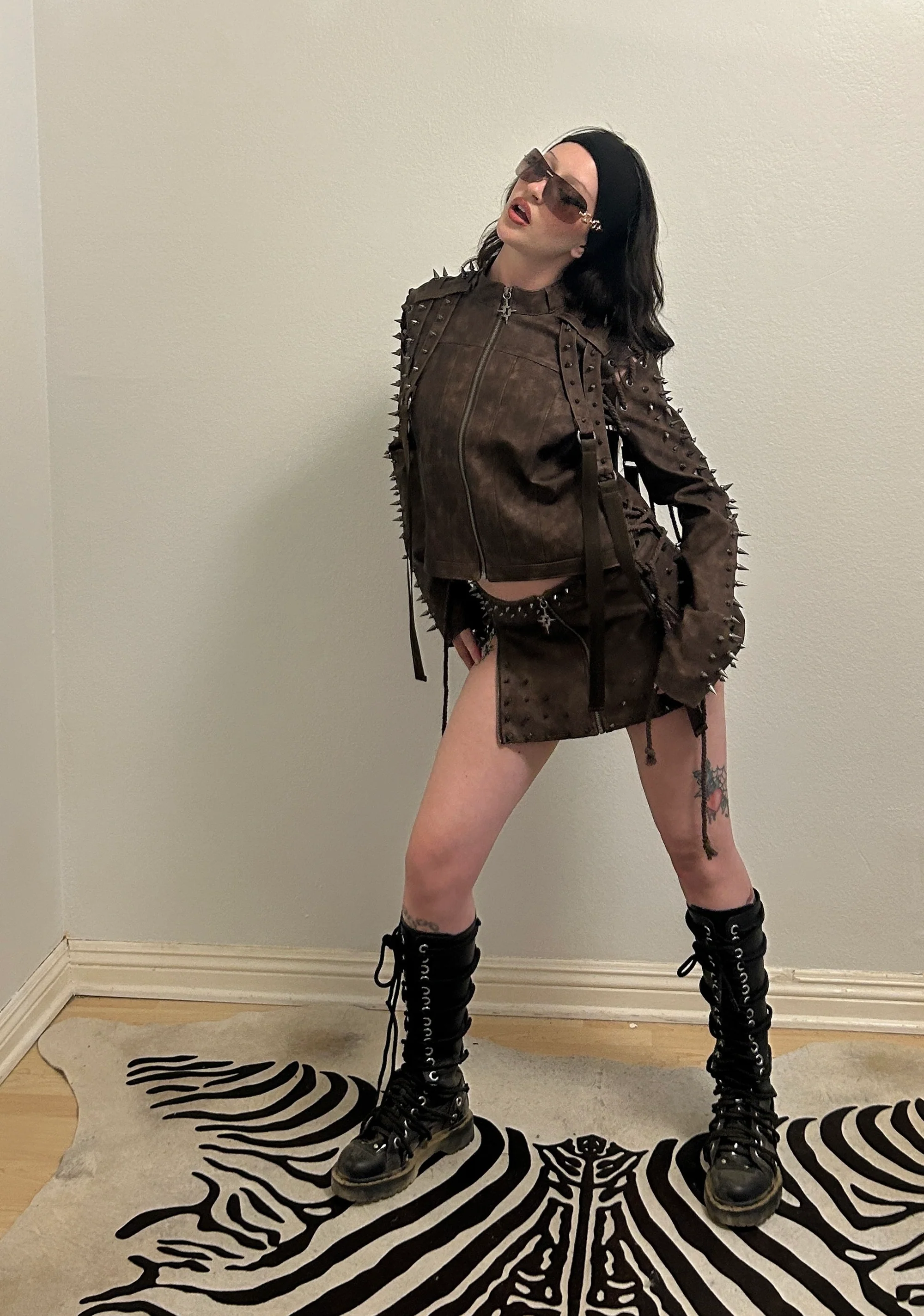 Warp Spiked Jacket With Lace Up Sleeves - Brown - Image 9