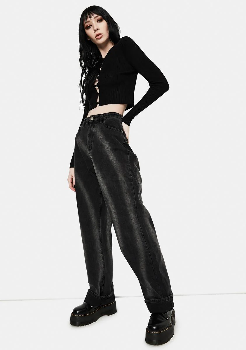 Washed Black Tie Dye Circle Effect Baggy Wide Leg Jeans - Image 3