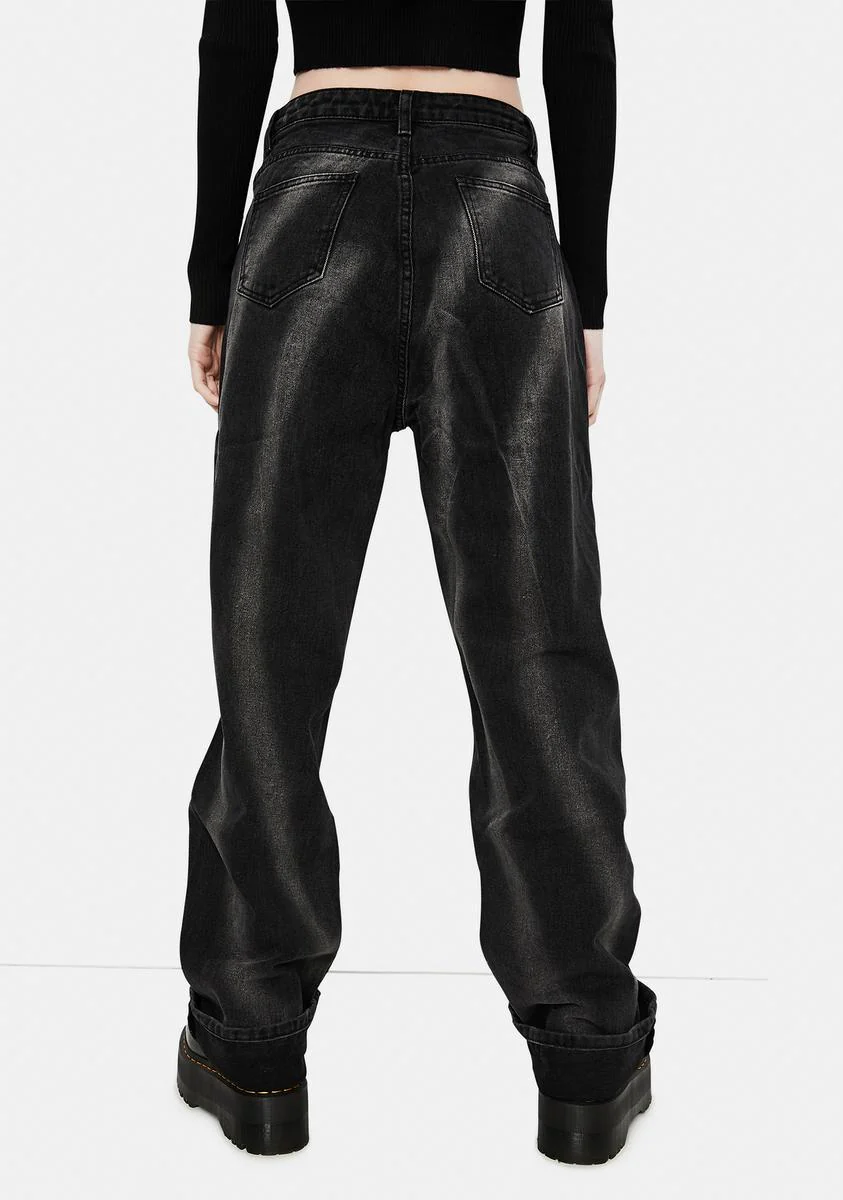Washed Black Tie Dye Circle Effect Baggy Wide Leg Jeans - Image 4