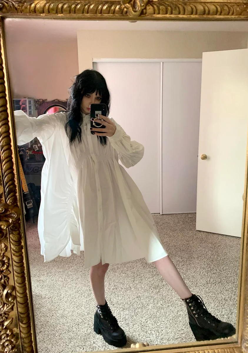 White Hotaru Pleated Shirt Dress - Image 3